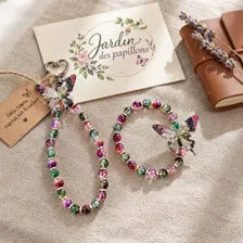 Ensemble bracelet +grigri de sac en perles fantaisie colorées - "Jardin des papillons -