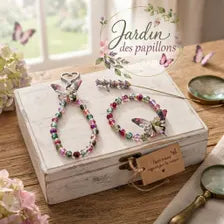 Ensemble bracelet +grigri de sac en perles fantaisie colorées - "Jardin des papillons -