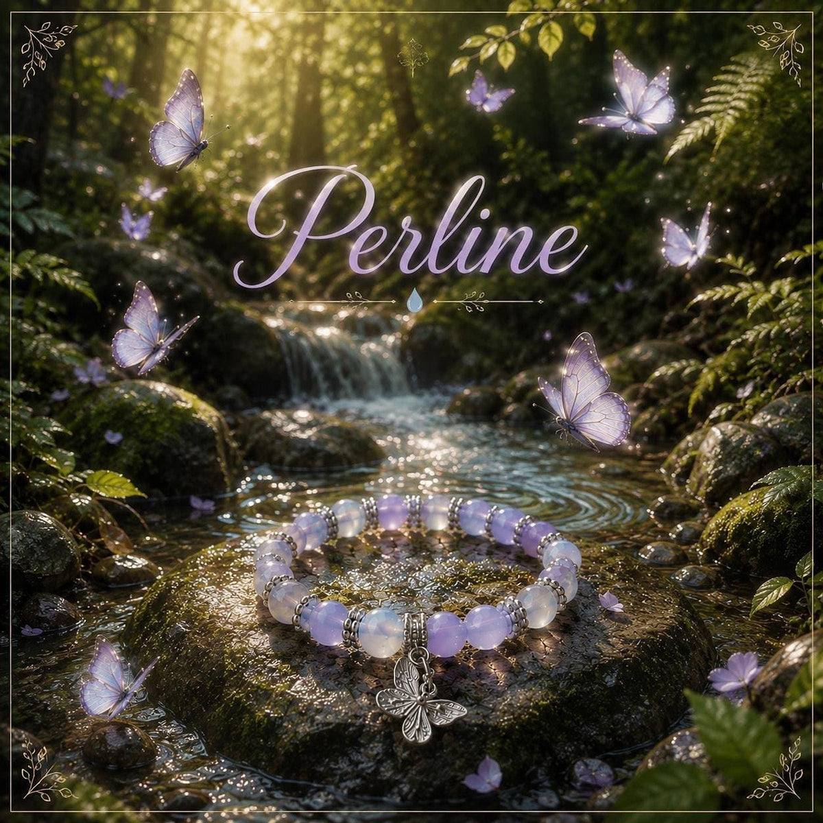 Bracelet en perles lavande, blanches et translucides avec breloque papillon -