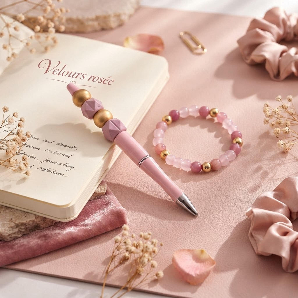 Ensemble composé d'un bracelet et d'un stylo bille - 'Velours rosée" -
