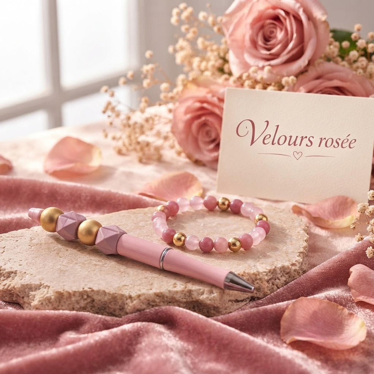 Ensemble composé d'un bracelet et d'un stylo bille - 'Velours rosée" -