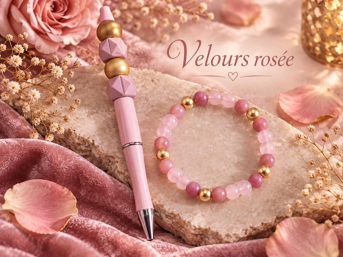Ensemble composé d'un bracelet et d'un stylo bille - 'Velours rosée" -
