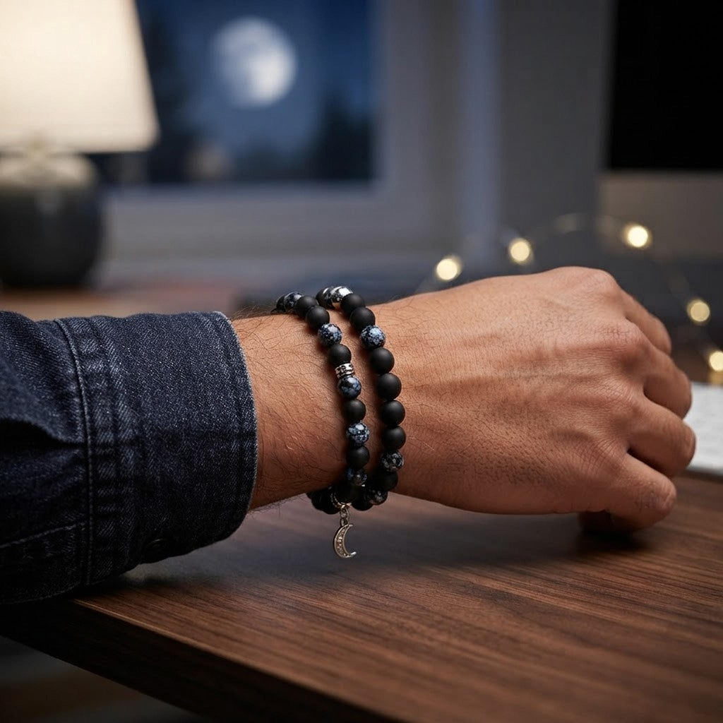 Ensemble bracelet en pierres fantaisie et porte-clé assorti - tons noirs & argenté - breloque lune  Nuit étoilée -