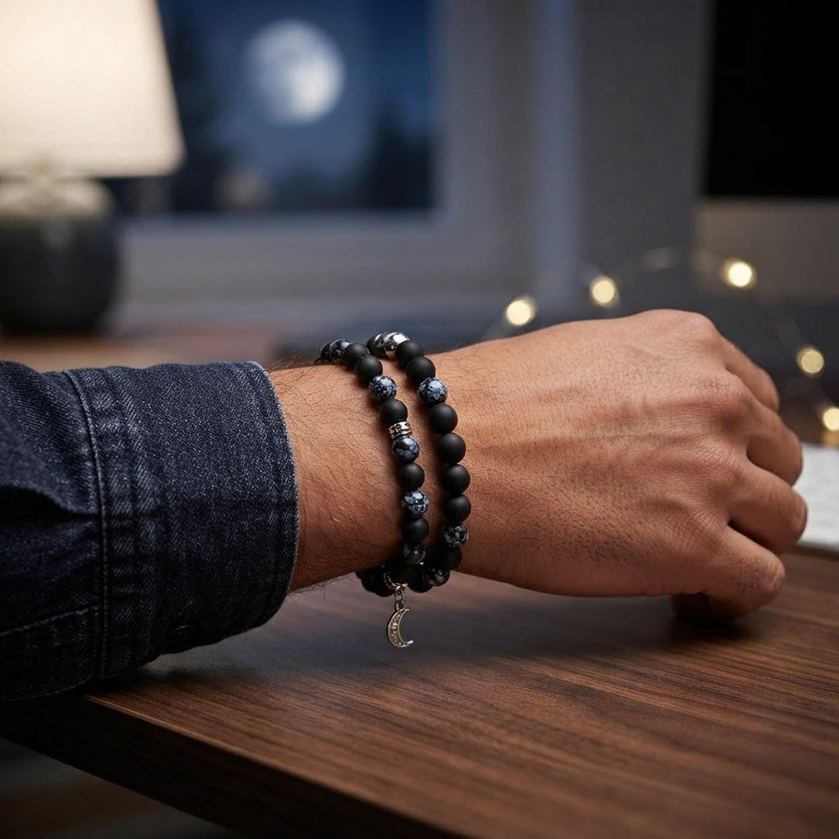 Ensemble bracelet en pierres fantaisie et porte-clé assorti - tons noirs & argenté - breloque lune  Nuit étoilée -