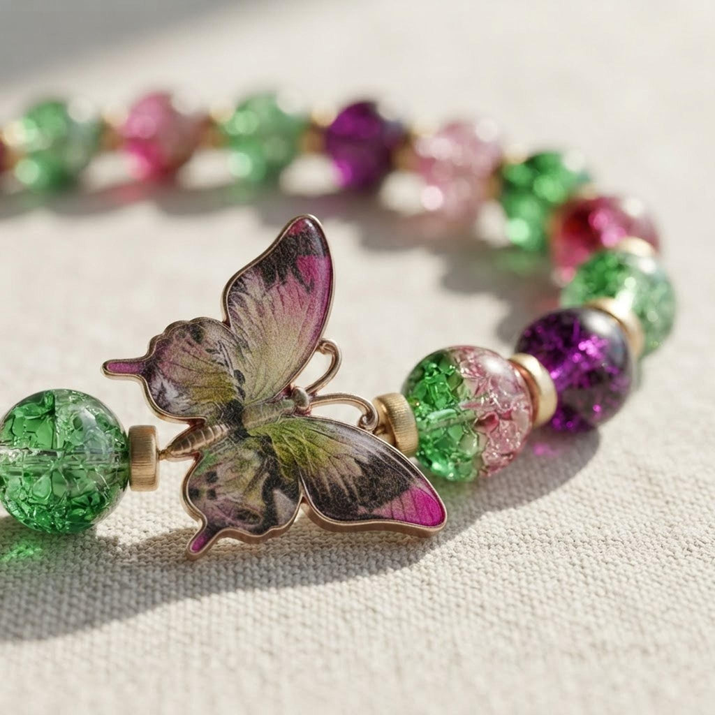 ensemble Bracelet et grigri de sac en Perles Papillon Multicolore - Bijou Fantaisie Bohème Doré - Ailes de baies -