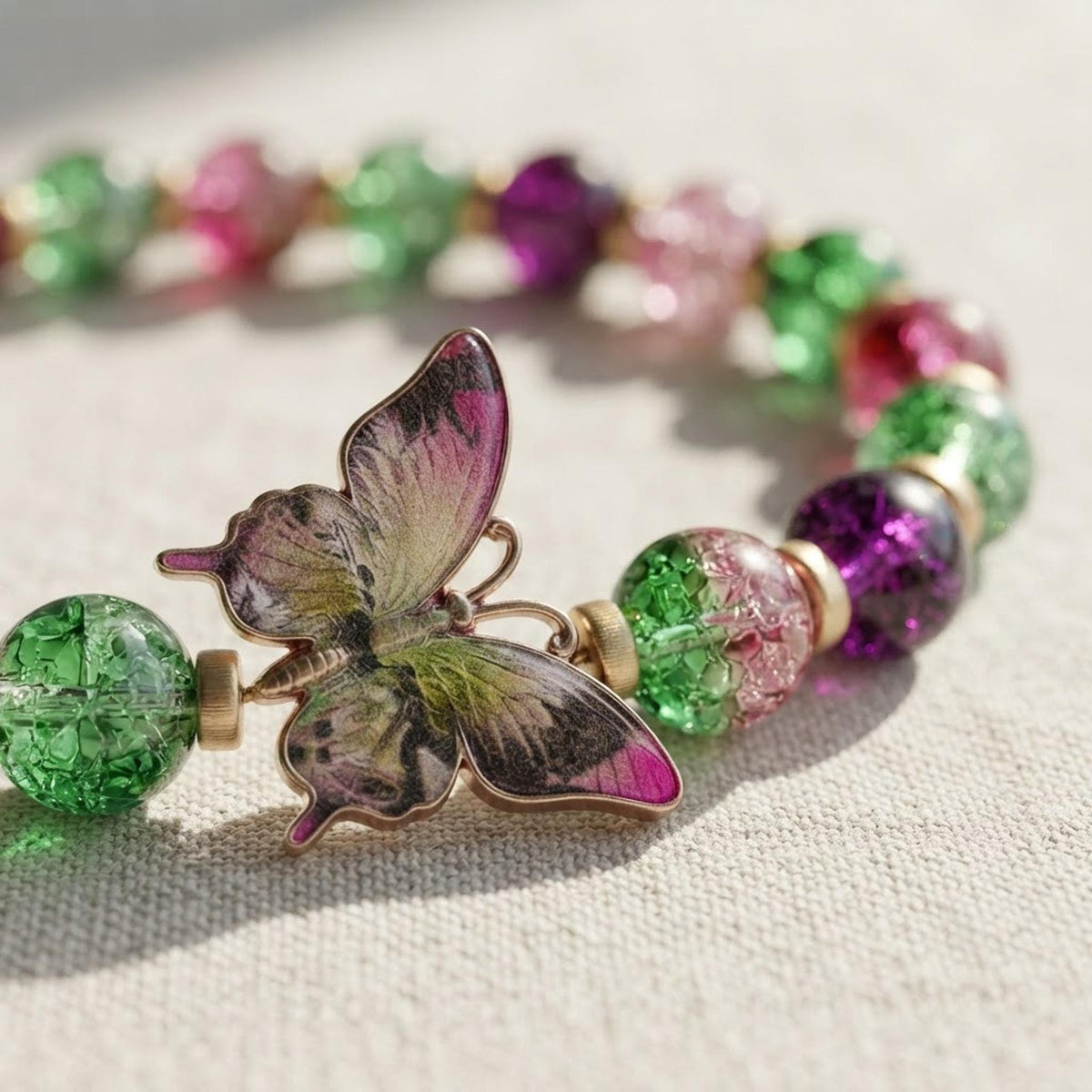 ensemble Bracelet et grigri de sac en Perles Papillon Multicolore - Bijou Fantaisie Bohème Doré - Ailes de baies -