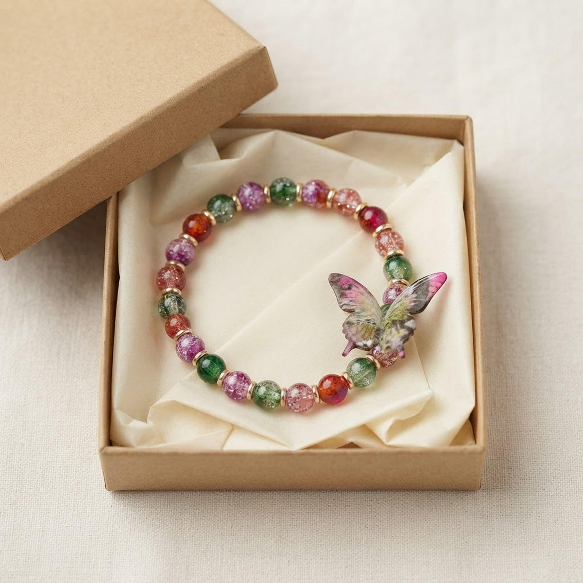 ensemble Bracelet et grigri de sac en Perles Papillon Multicolore - Bijou Fantaisie Bohème Doré - Ailes de baies -