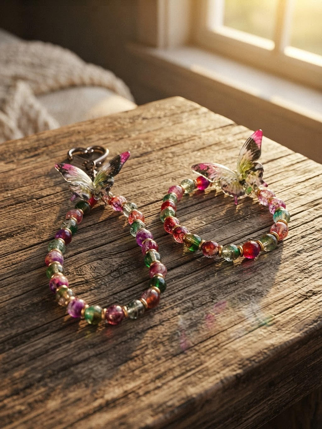 ensemble Bracelet et grigri de sac en Perles Papillon Multicolore - Bijou Fantaisie Bohème Doré - Ailes de baies -