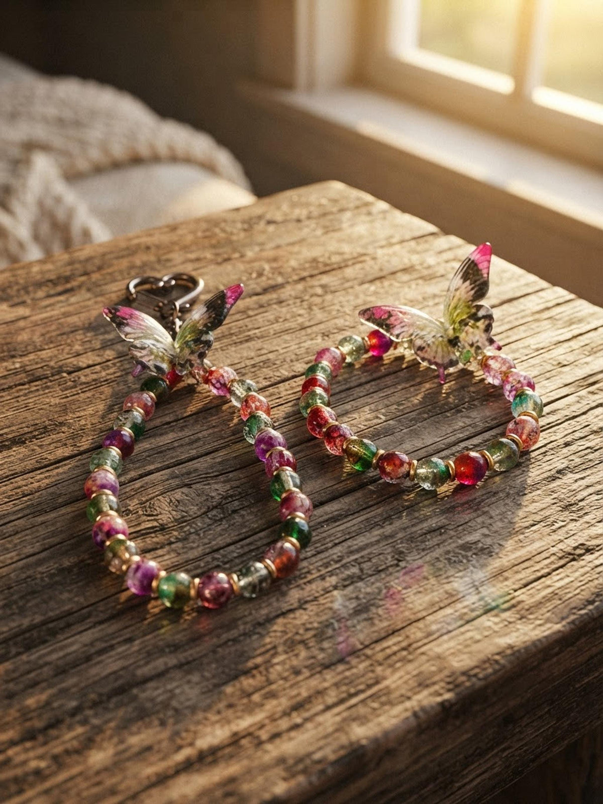 ensemble Bracelet et grigri de sac en Perles Papillon Multicolore - Bijou Fantaisie Bohème Doré - Ailes de baies -
