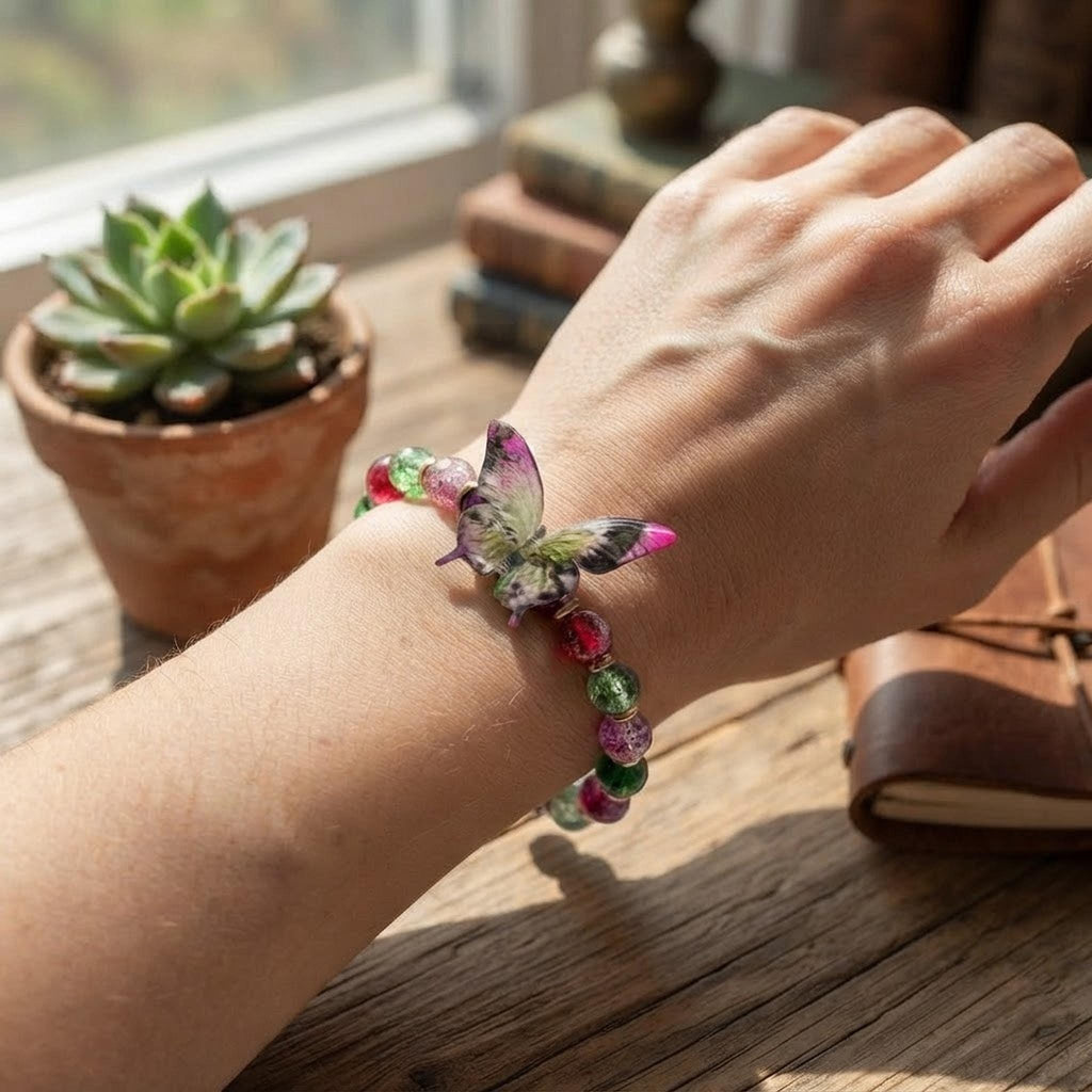 ensemble Bracelet et grigri de sac en Perles Papillon Multicolore - Bijou Fantaisie Bohème Doré - Ailes de baies -