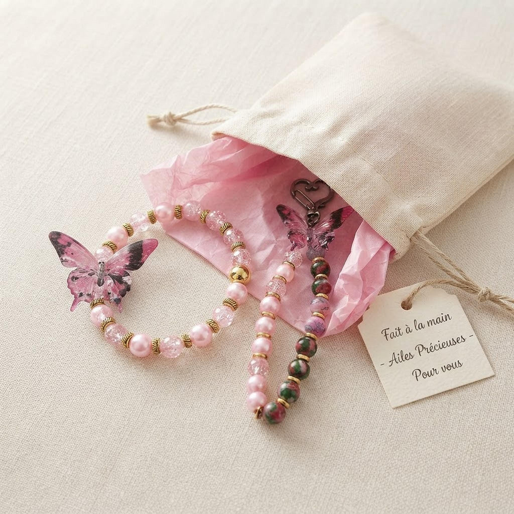 Ensemble bracelet et grigri ou porte-clé - tons roses de différentes nuances  & papillons - "Ailes précieuses" -
