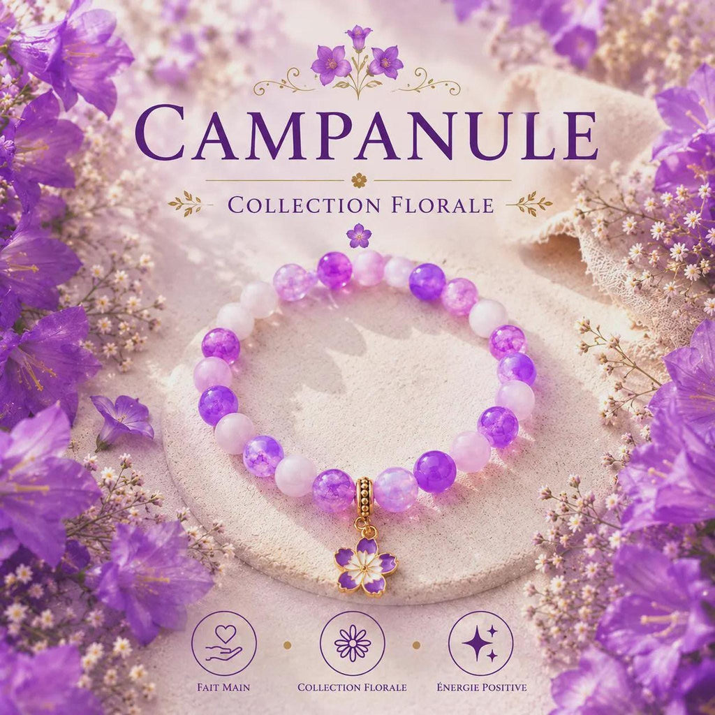 Cadeau Femme, Bracelet Floral - Perles Violettes Et Charm Fleur Émaillé