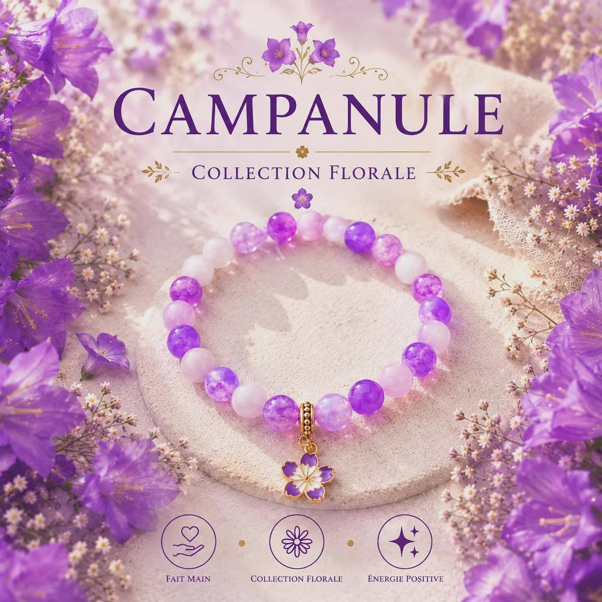Cadeau Femme, Bracelet Floral - Perles Violettes Et Charm Fleur Émaillé