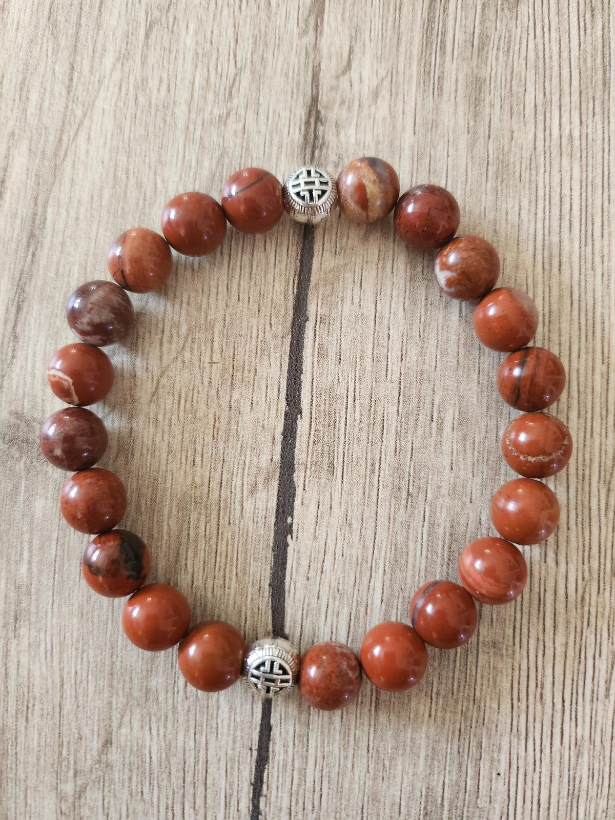 Bracelet Homme en Pierres (origine indéterminée) Rouge Brun, avec Intercalaires Argentés - "Terre Rouge" -