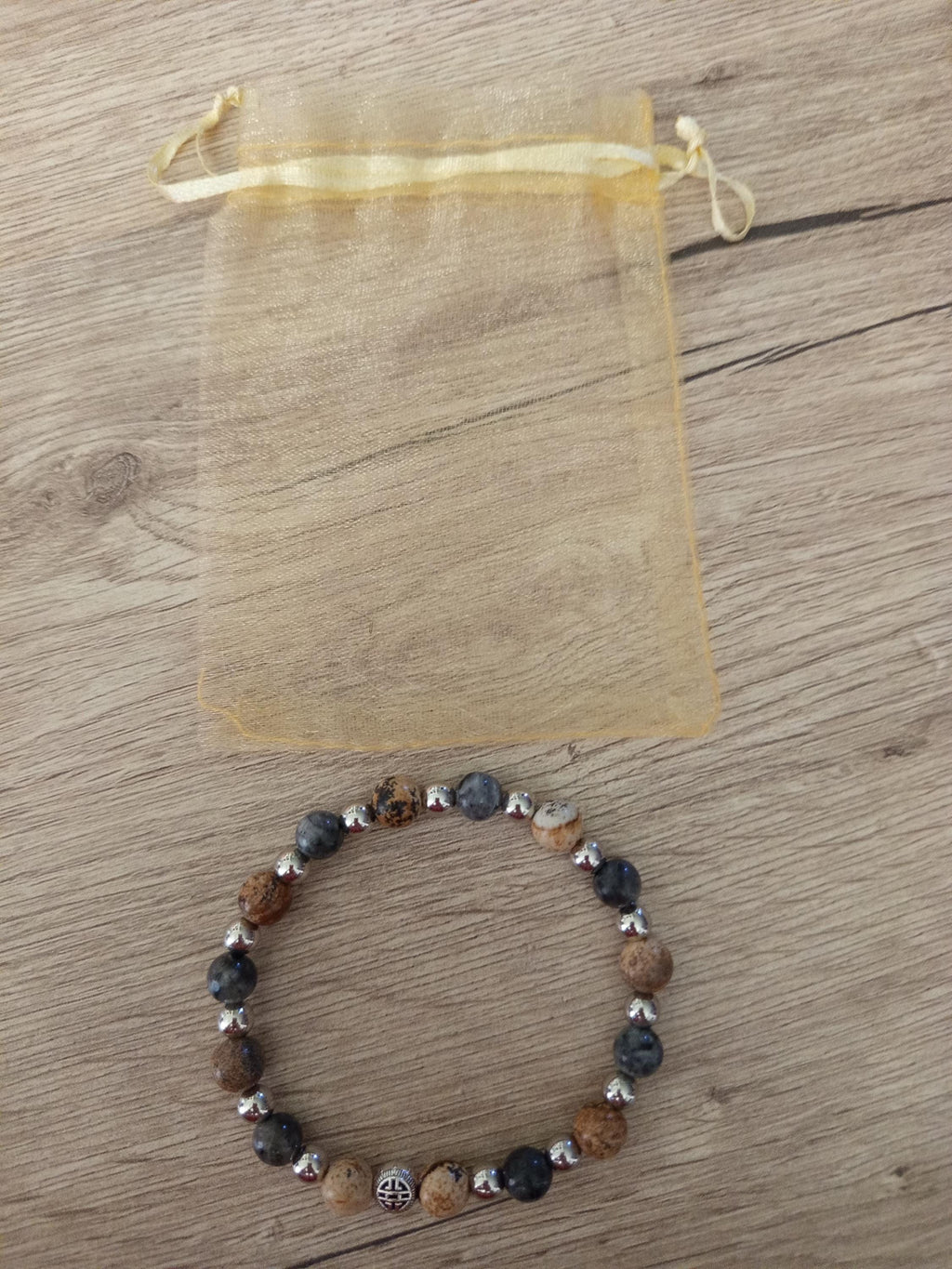 Bracelet homme en pierres naturelles de jaspe paysage  & larvikite - "Silex" -
