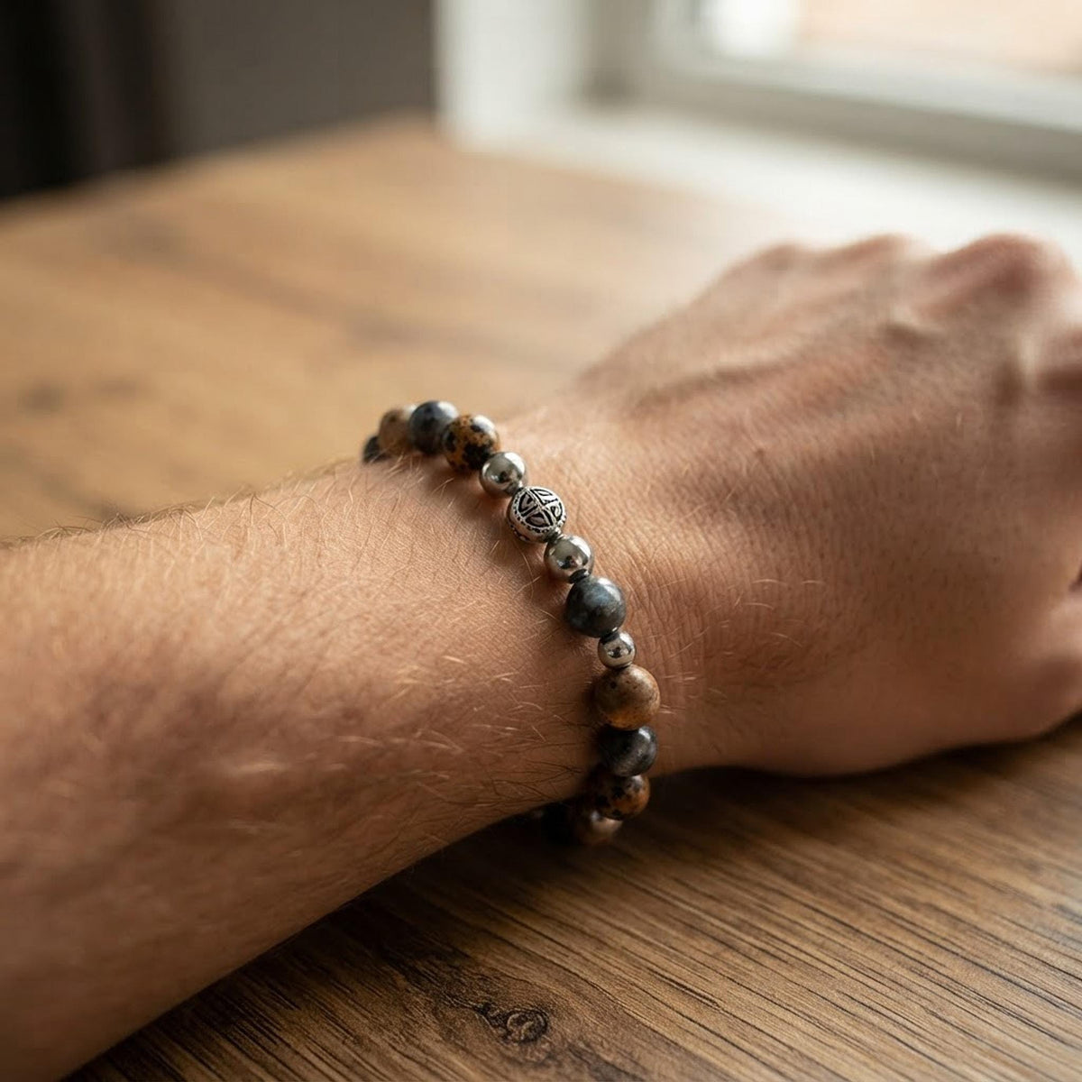Bracelet homme en pierres naturelles de jaspe paysage  & larvikite - "Silex" -