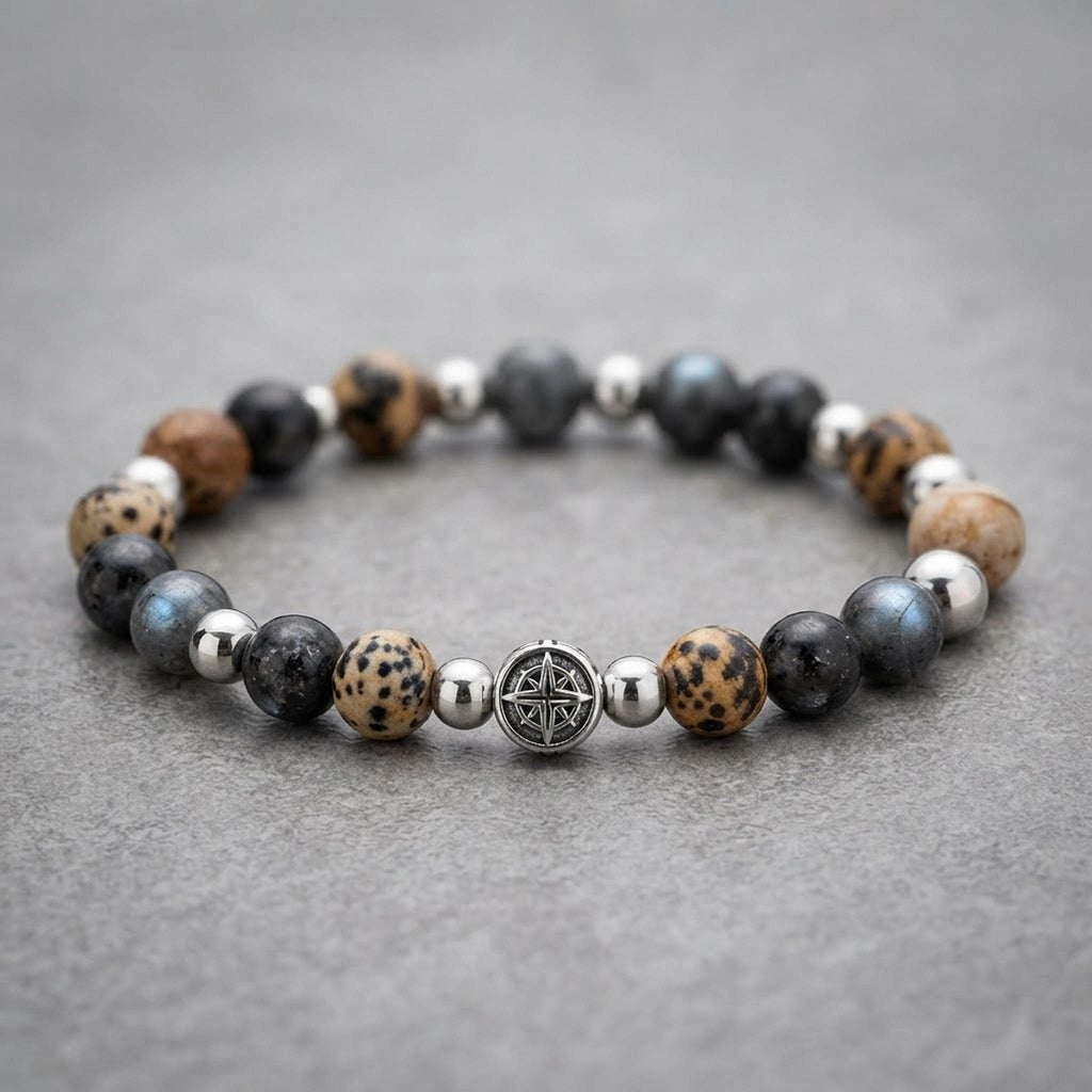 Bracelet homme en pierres naturelles de jaspe paysage  & larvikite - "Silex" -