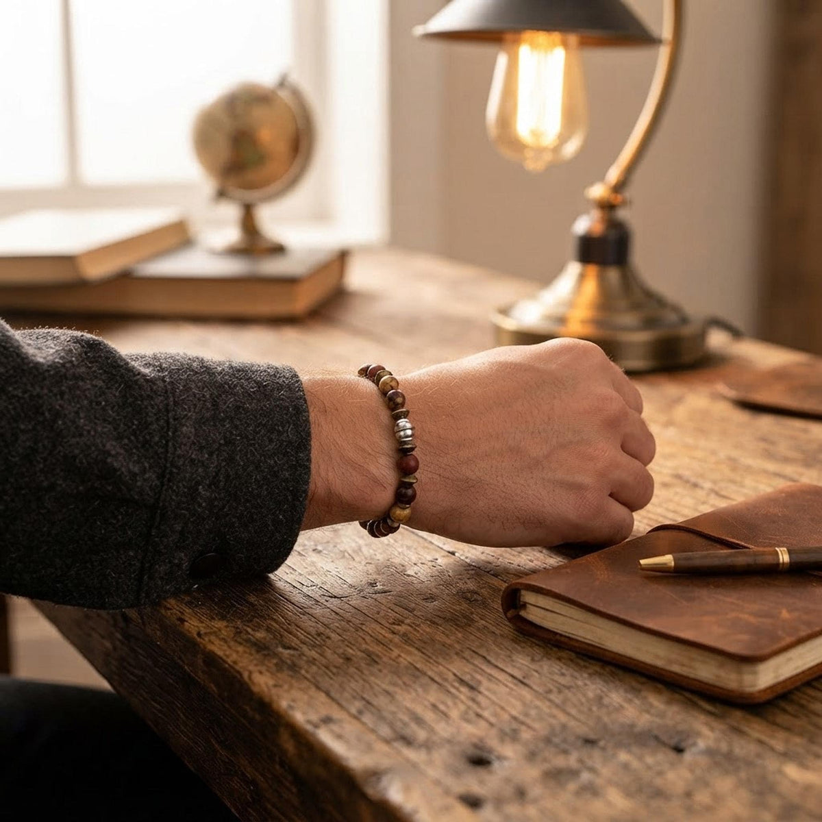 Bracelet homme en pierres naturelles de jaspe paysage & obsidienne acajou - "Terre de Feu" -