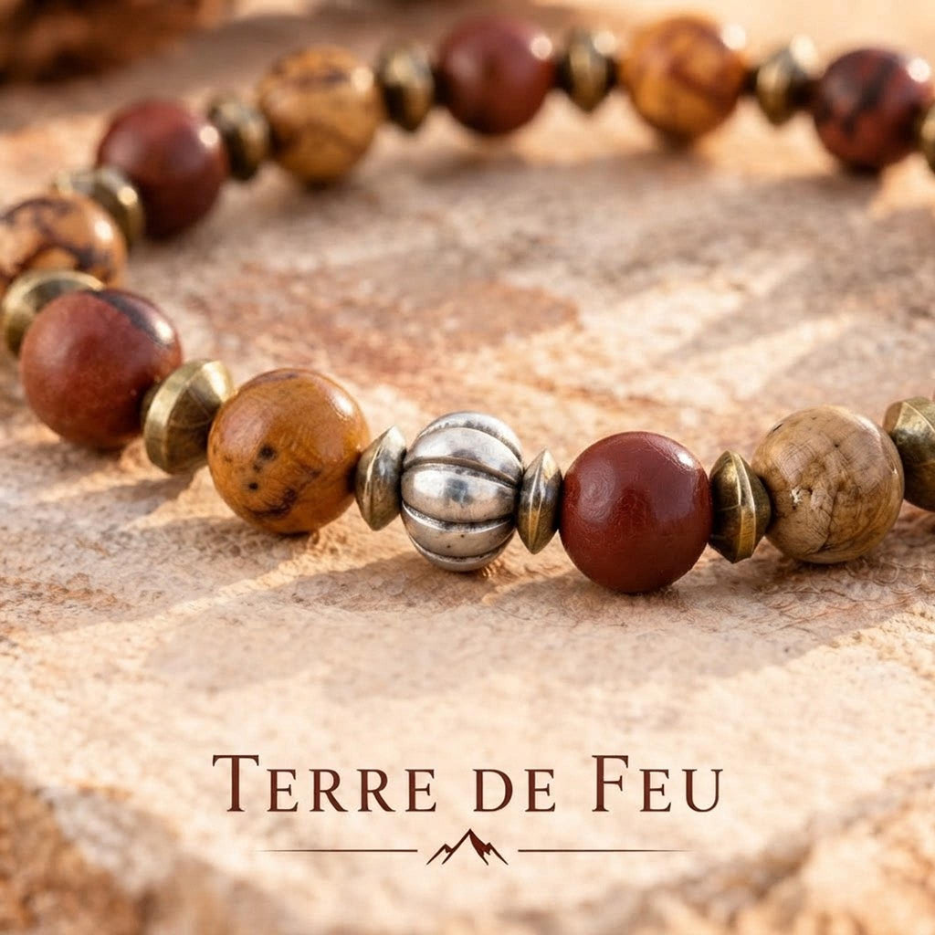 Bracelet homme en pierres naturelles de jaspe paysage & obsidienne acajou - "Terre de Feu" -