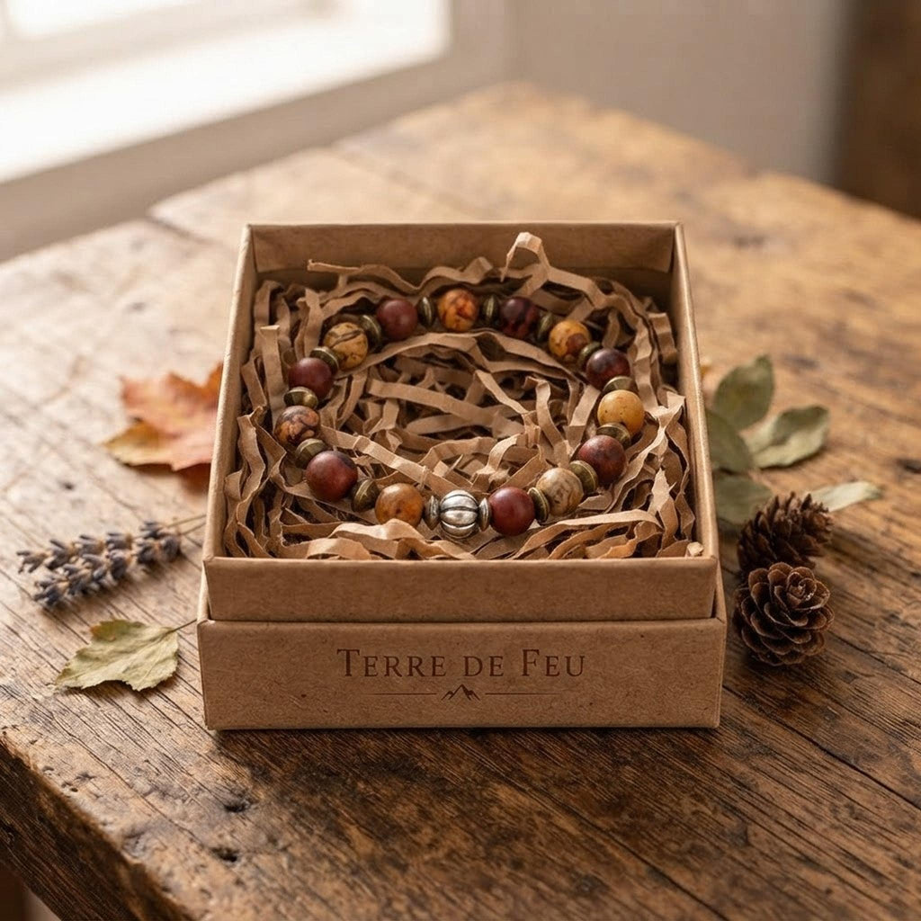 Bracelet homme en pierres naturelles de jaspe paysage & obsidienne acajou - "Terre de Feu" -
