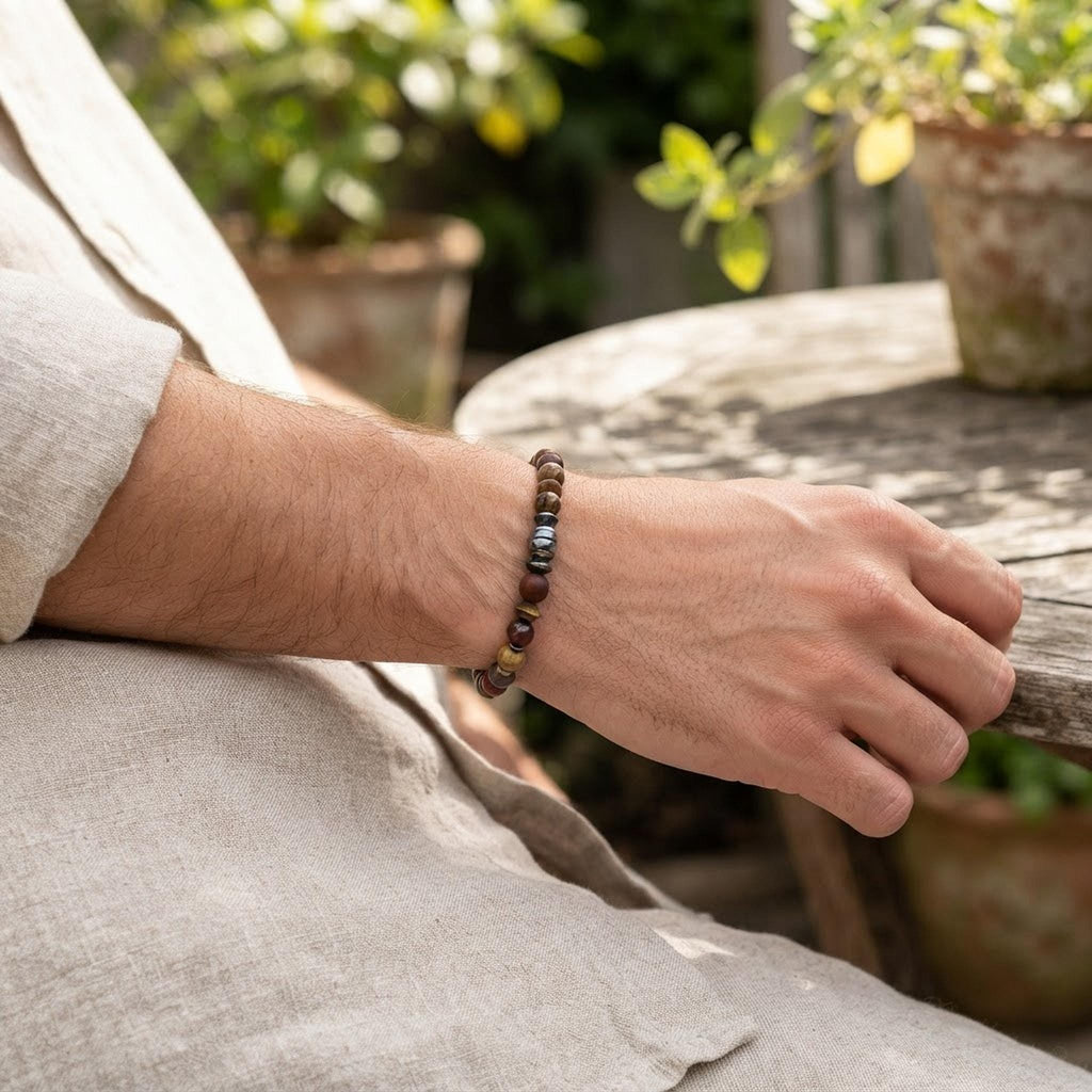 Bracelet homme en pierres naturelles de jaspe paysage & obsidienne acajou - "Terre de Feu" -