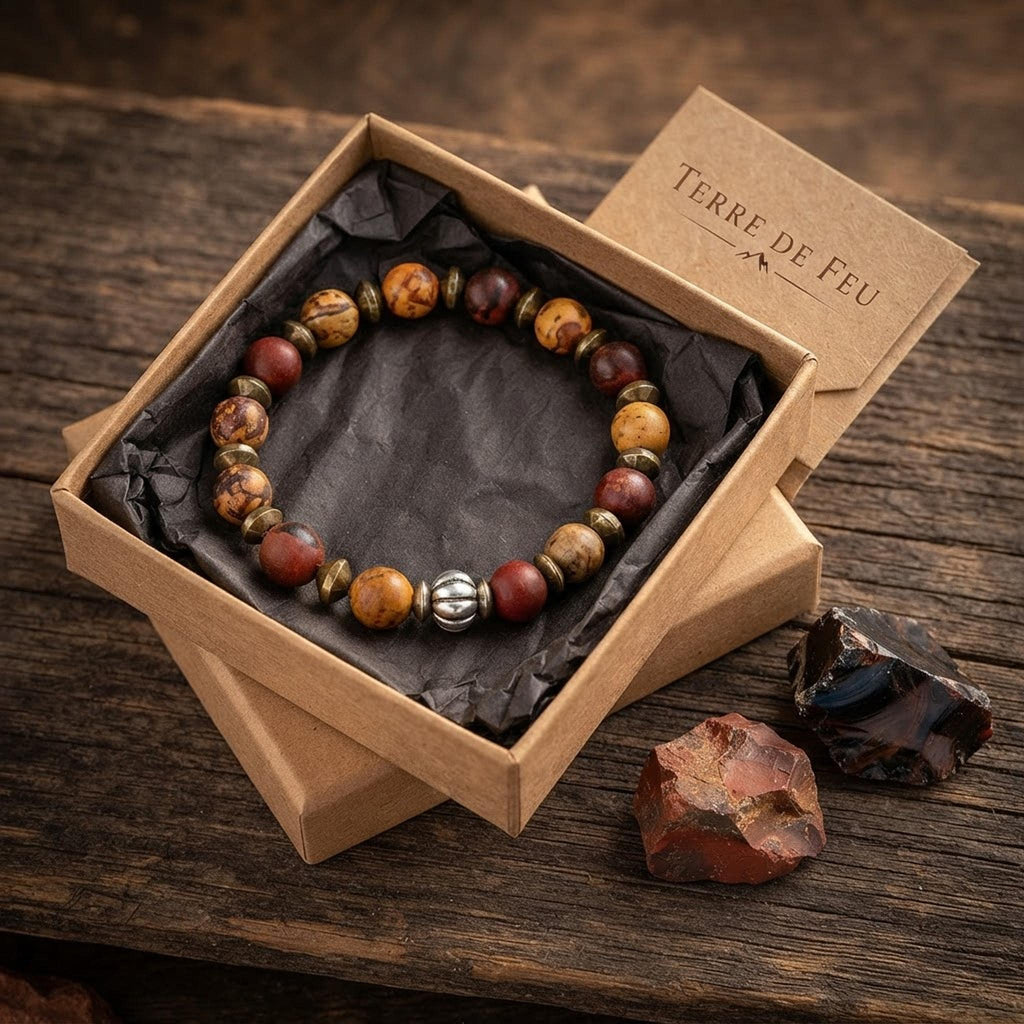 Bracelet homme en pierres naturelles de jaspe paysage & obsidienne acajou - "Terre de Feu" -