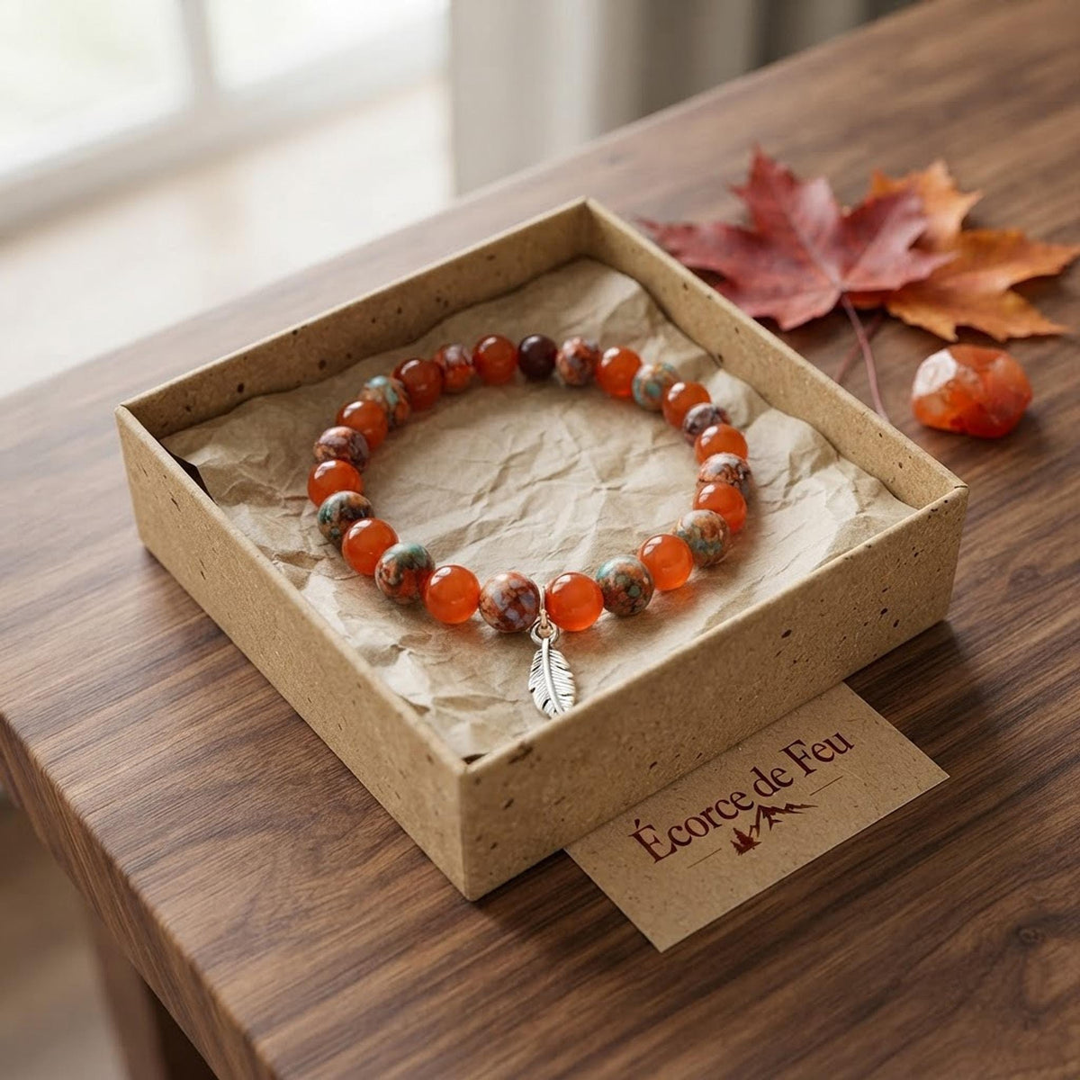 Bracelet homme en perles fantaisie dans les tons de orange - "Ecorce de Feu" -