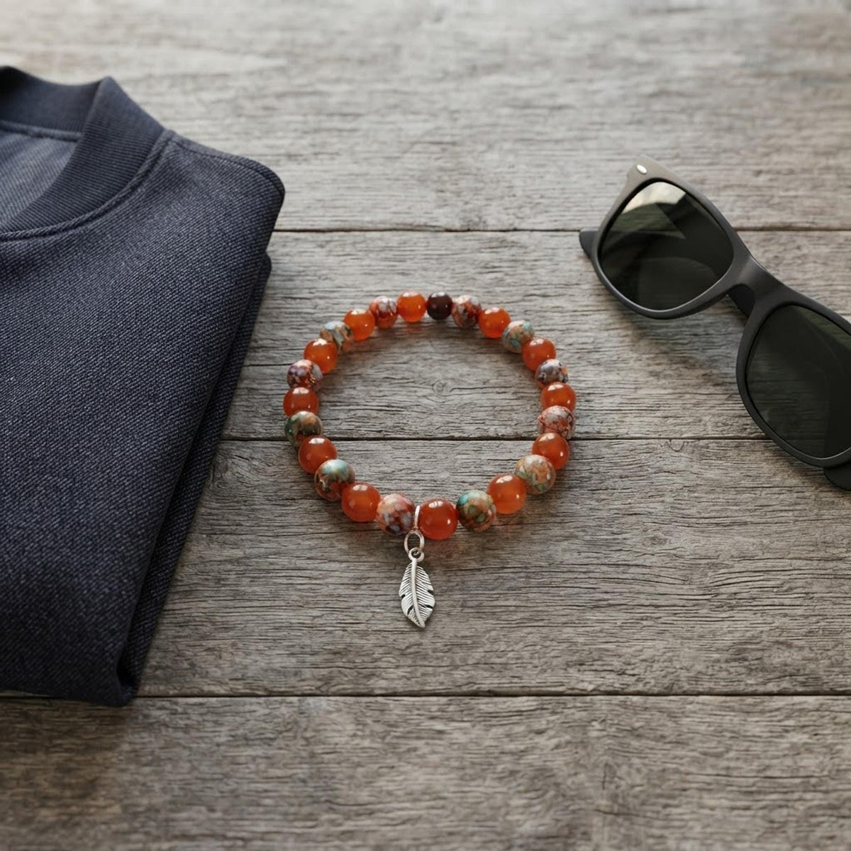 Bracelet homme en perles fantaisie dans les tons de orange - "Ecorce de Feu" -