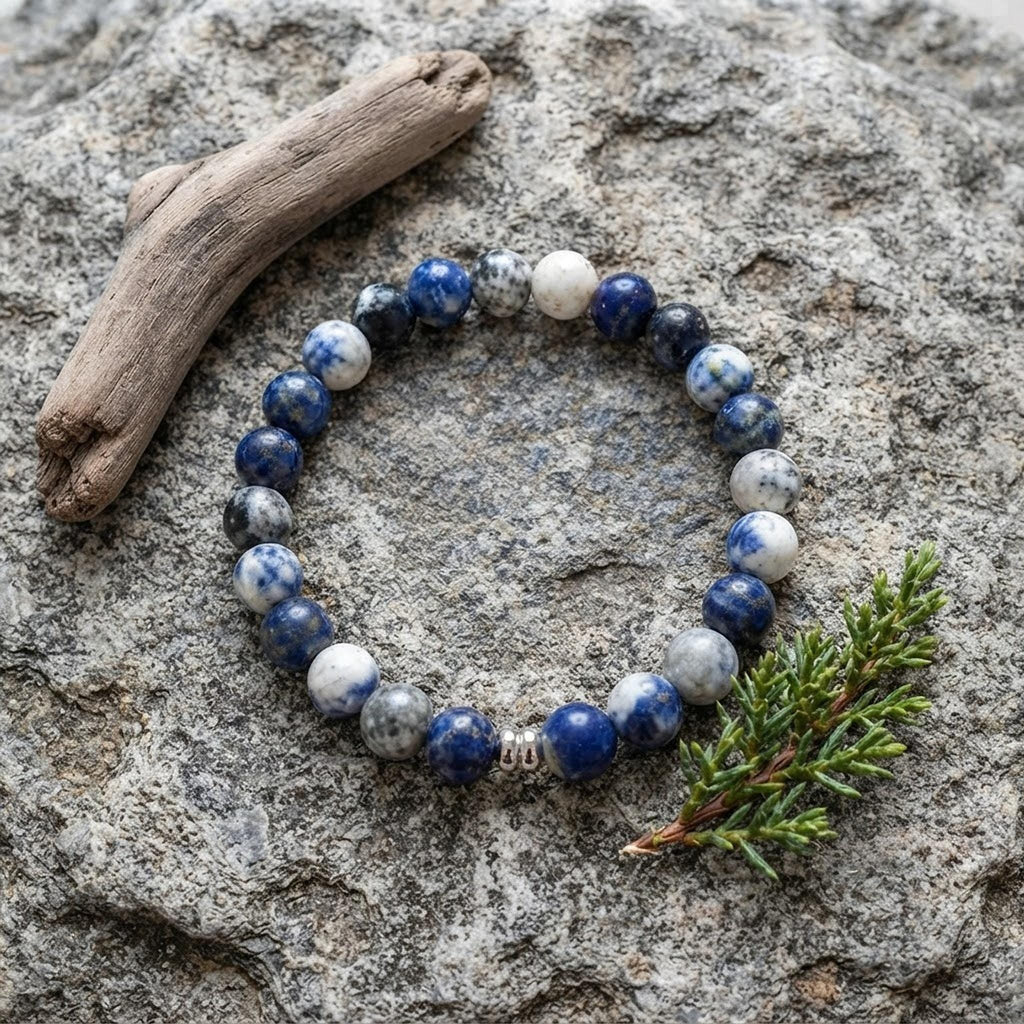 Bracelet en pierre de lapis-lazuli & sodalite - tons bleus - "Ecume bleue" -
