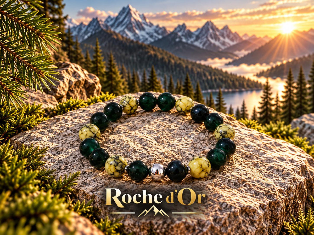 Bracelet fantaisie en perles - tons jaune & noir - "Roche d'Or" -
