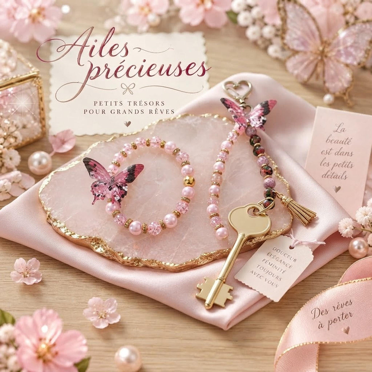 Ensemble bracelet et grigri ou porte-clé - tons roses de différentes nuances  & papillons - "Ailes précieuses" -