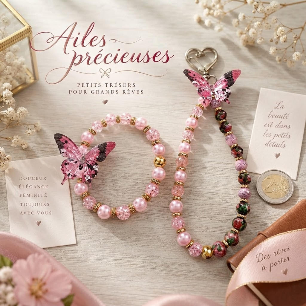 Ensemble bracelet et grigri ou porte-clé - tons roses de différentes nuances  & papillons - "Ailes précieuses" -