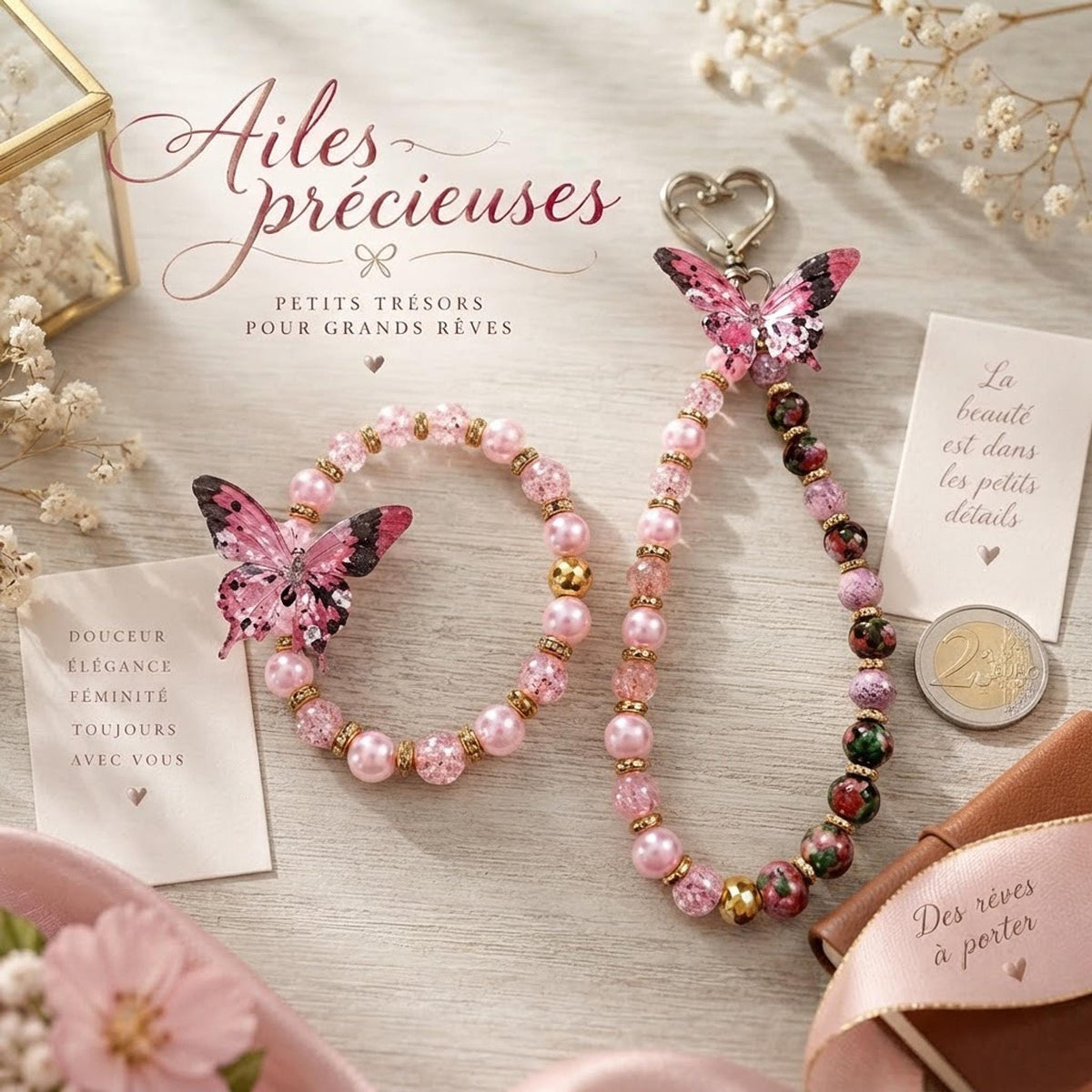 Ensemble bracelet et grigri ou porte-clé - tons roses de différentes nuances  & papillons - "Ailes précieuses" -