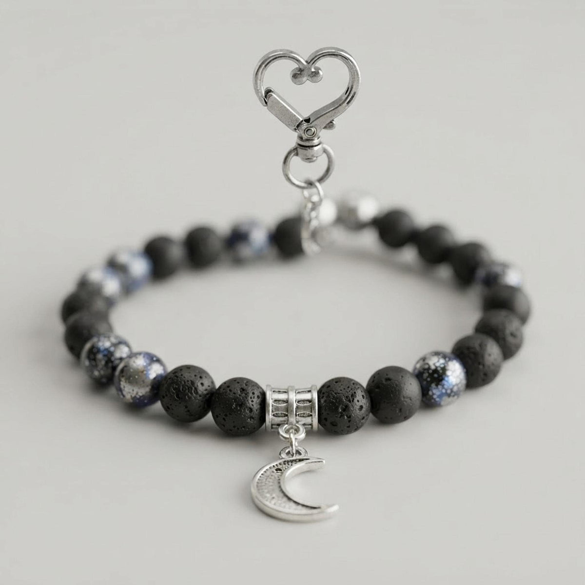 Ensemble bracelet en pierres fantaisie et porte-clé assorti - tons noirs & argenté - breloque lune  Nuit étoilée -