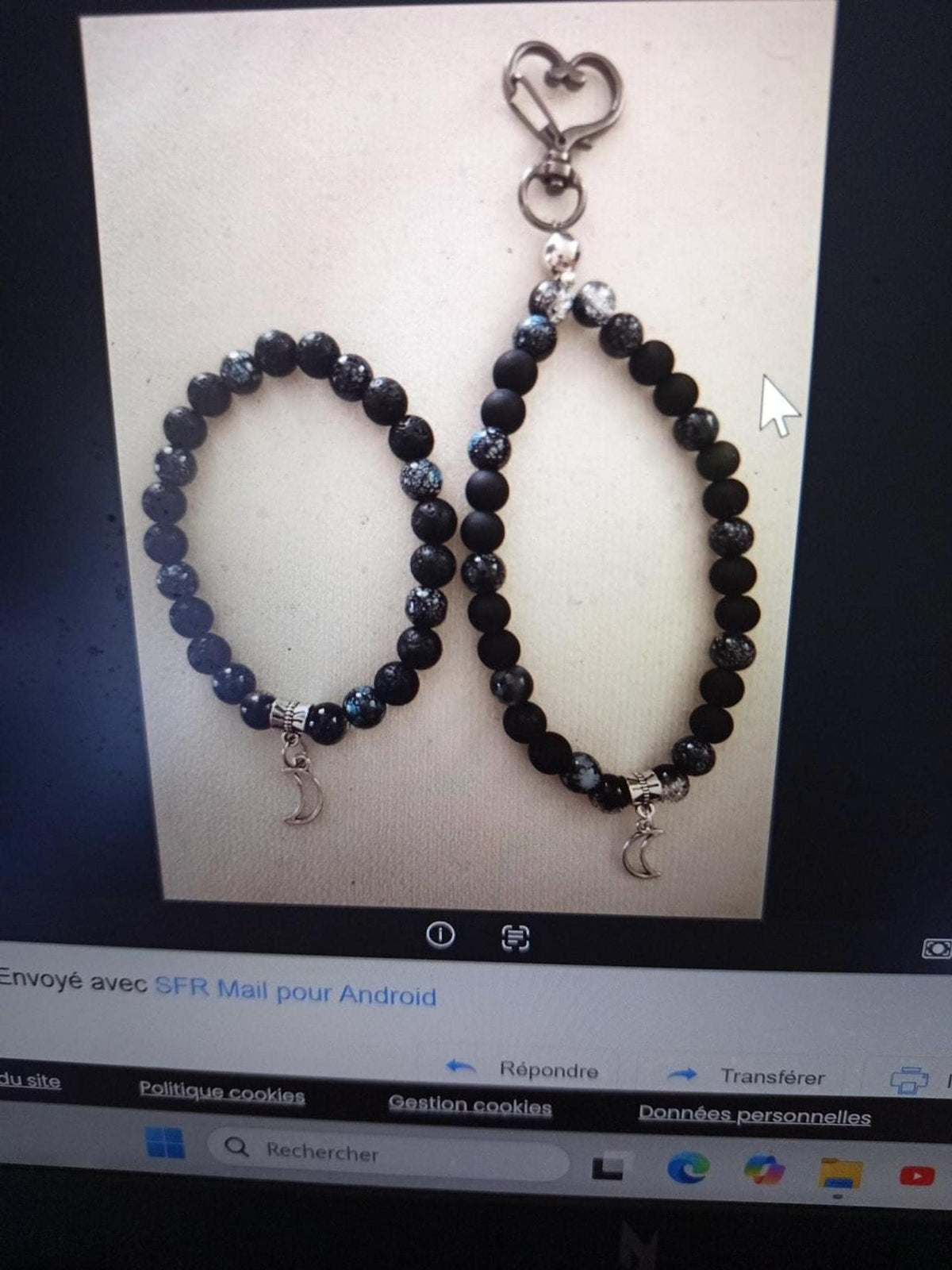 Ensemble bracelet en pierres fantaisie et porte-clé assorti - tons noirs & argenté - breloque lune  Nuit étoilée -