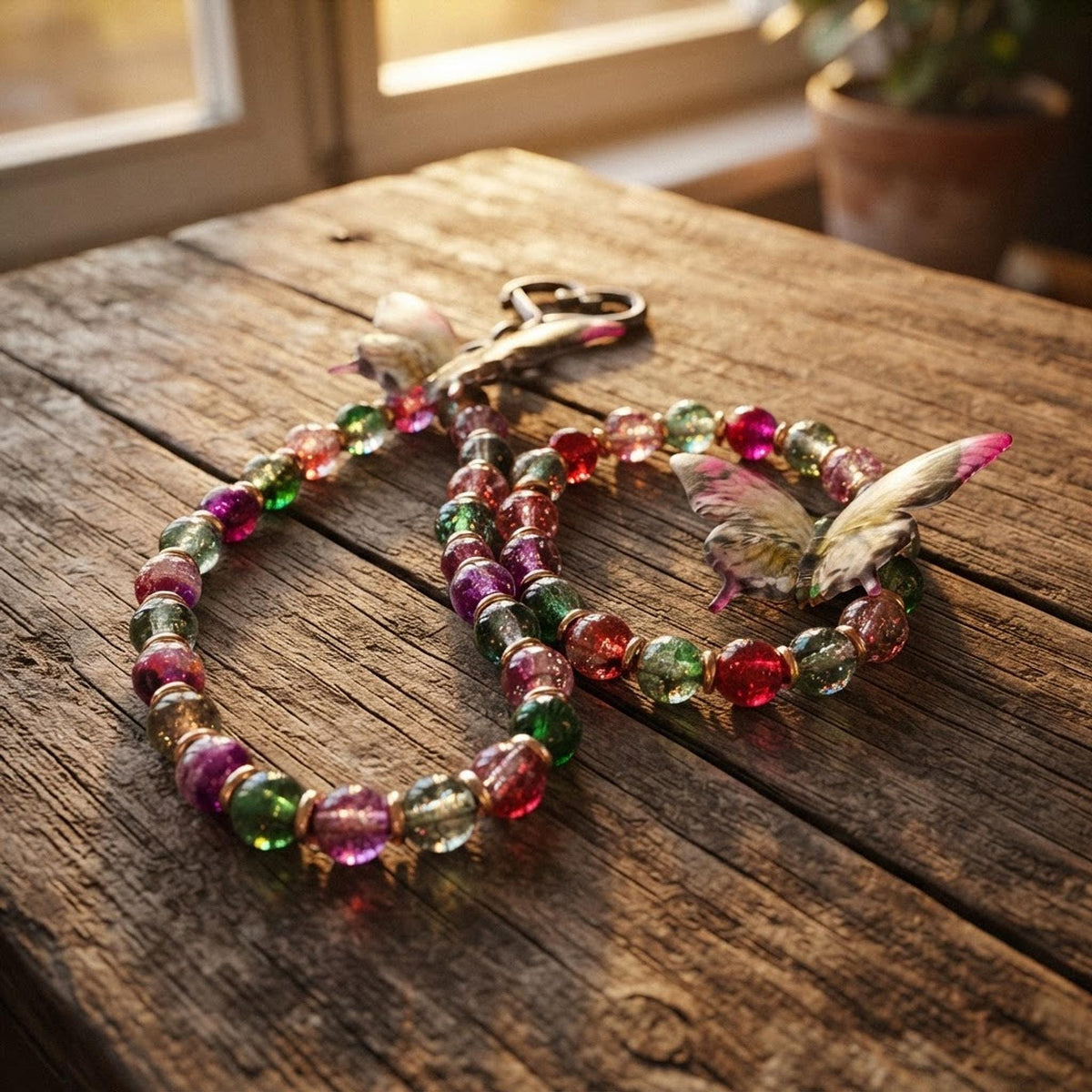 ensemble Bracelet et grigri de sac en Perles Papillon Multicolore - Bijou Fantaisie Bohème Doré - Ailes de baies -