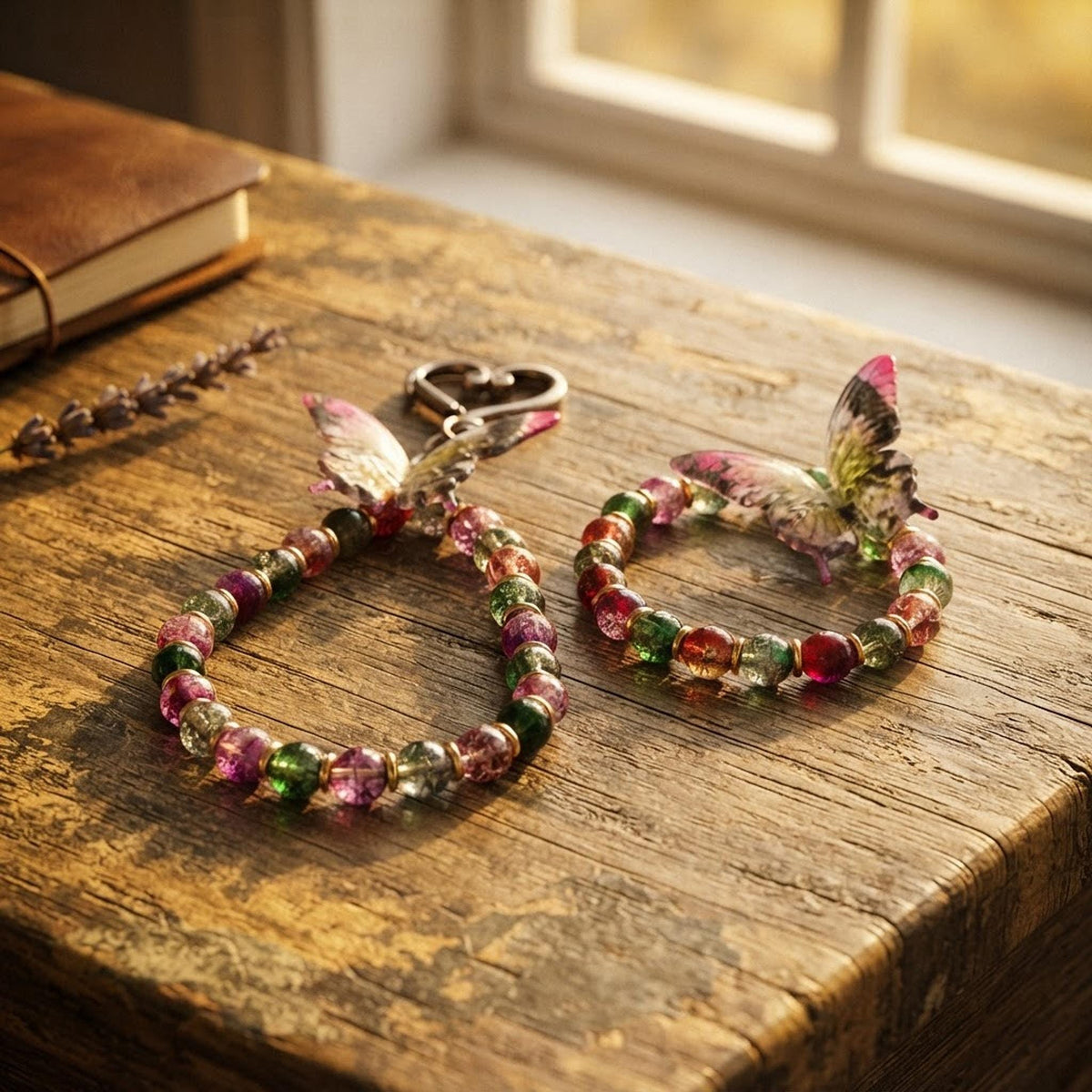 ensemble Bracelet et grigri de sac en Perles Papillon Multicolore - Bijou Fantaisie Bohème Doré - Ailes de baies -