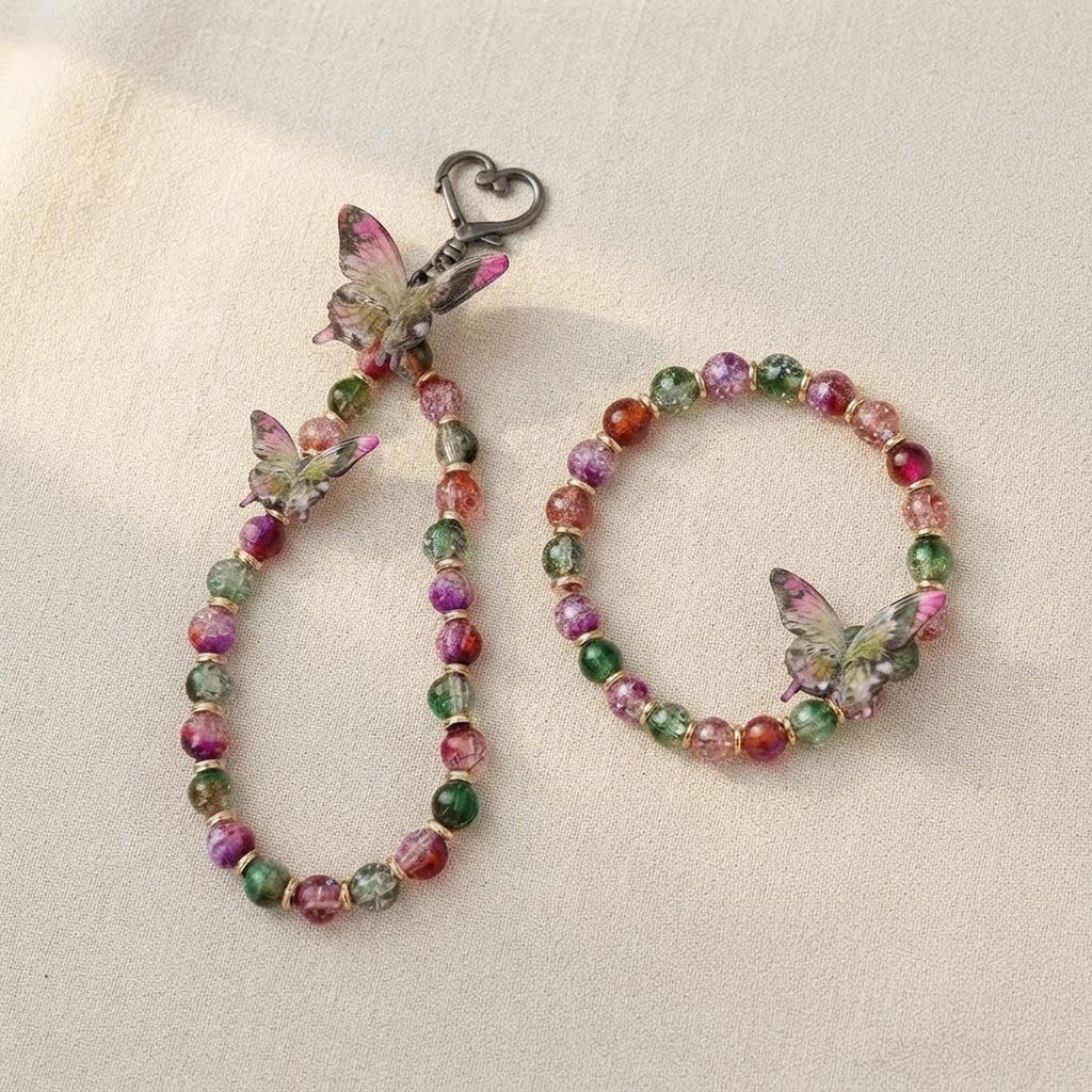 ensemble Bracelet et grigri de sac en Perles Papillon Multicolore - Bijou Fantaisie Bohème Doré - Ailes de baies -