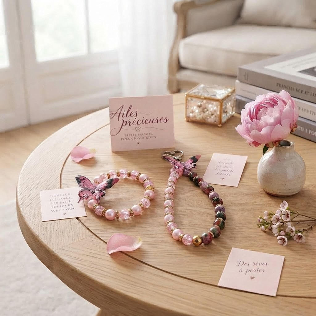 Ensemble bracelet et grigri ou porte-clé - tons roses de différentes nuances  & papillons - "Ailes précieuses" -