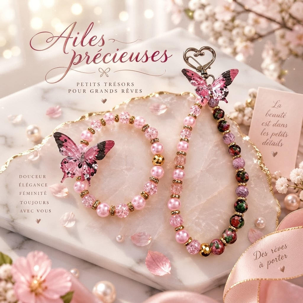 Ensemble bracelet et grigri ou porte-clé - tons roses de différentes nuances  & papillons - "Ailes précieuses" -