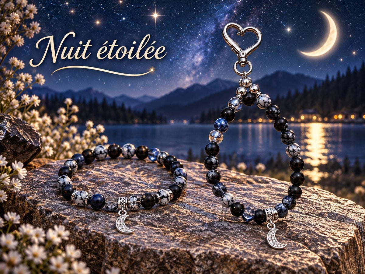 Ensemble bracelet en pierres fantaisie et porte-clé assorti - tons noirs & argenté - breloque lune  Nuit étoilée -