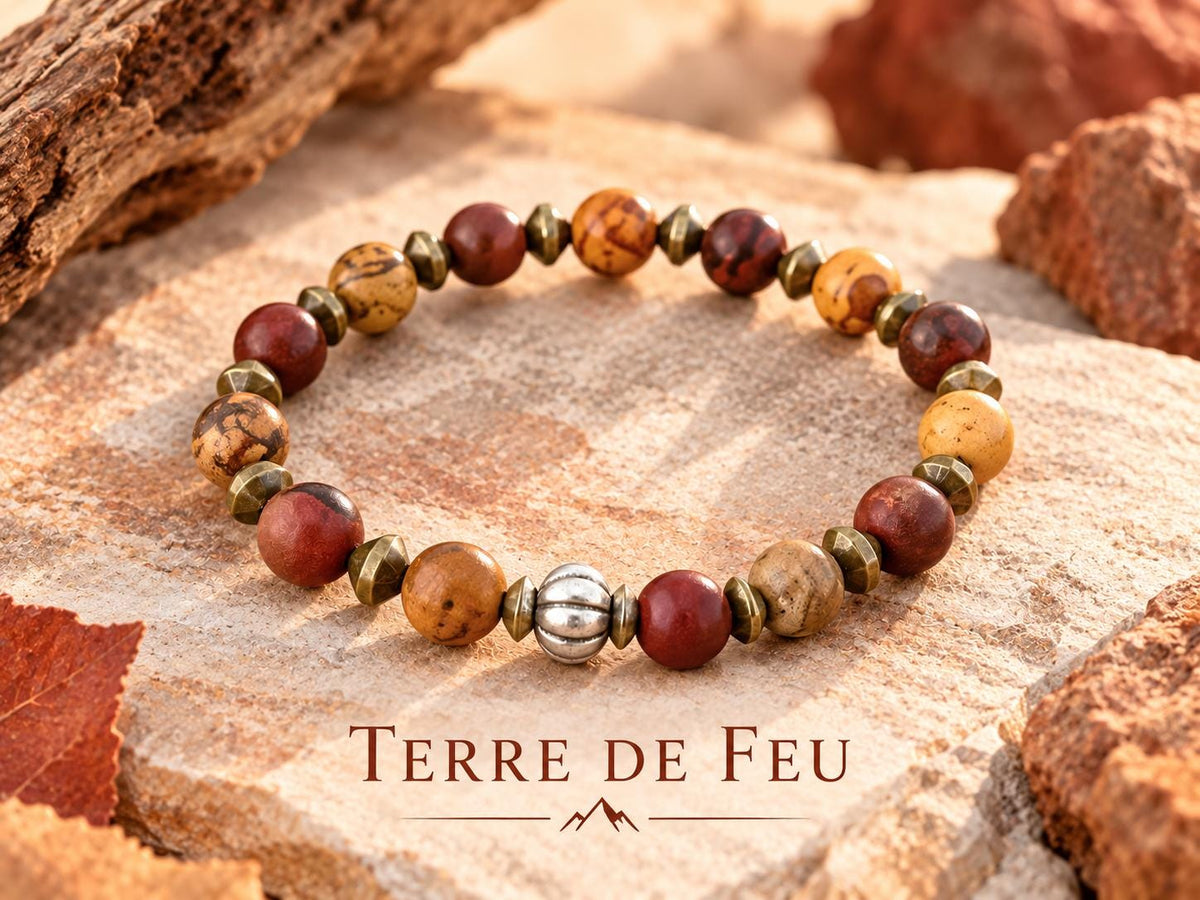 Bracelet homme en pierres naturelles de jaspe paysage & obsidienne acajou - "Terre de Feu" -