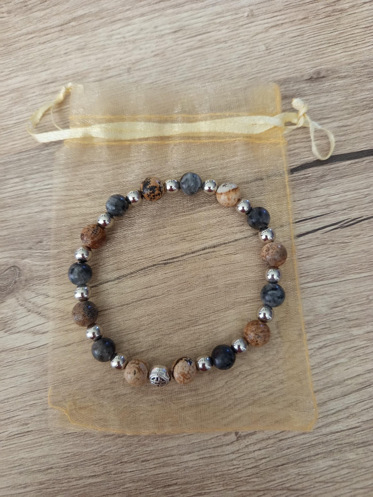 Bracelet homme en pierres naturelles de jaspe paysage  & larvikite - "Silex" -