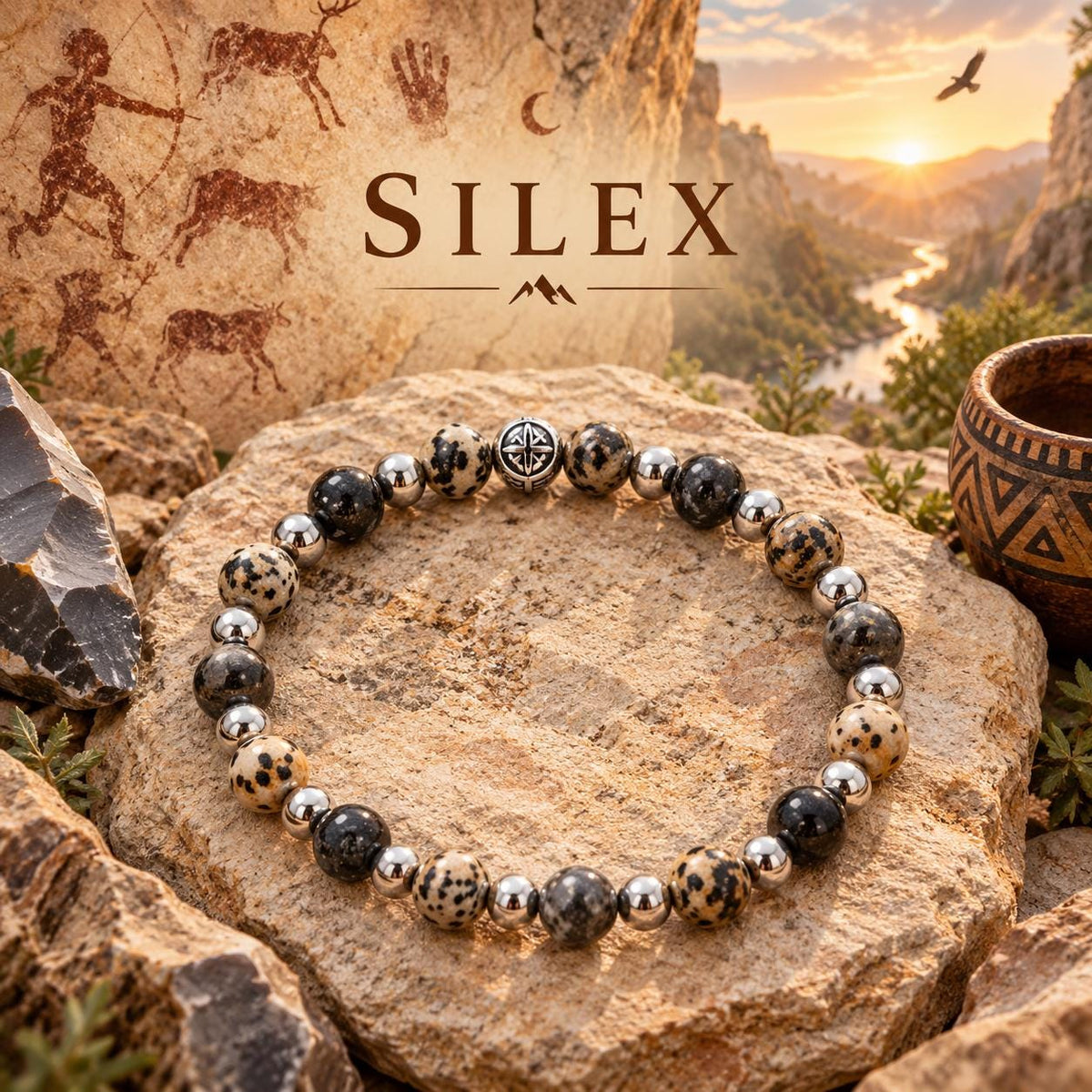Bracelet homme en pierres naturelles de jaspe paysage  & larvikite - "Silex" -