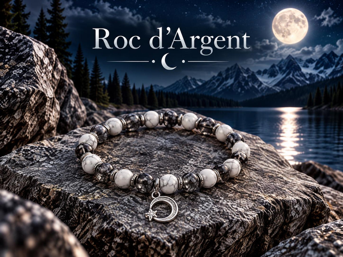 Bracelet Homme Perles Noires et Argentées, Breloque Lune - "Roc d'Argent" -