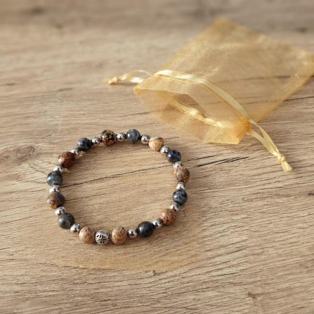 Bracelet homme en pierres naturelles de jaspe paysage  & larvikite - "Silex" -