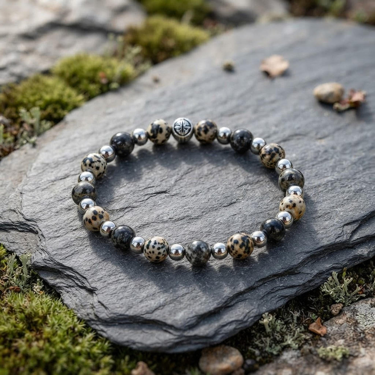 Bracelet homme en pierres naturelles de jaspe paysage  & larvikite - "Silex" -