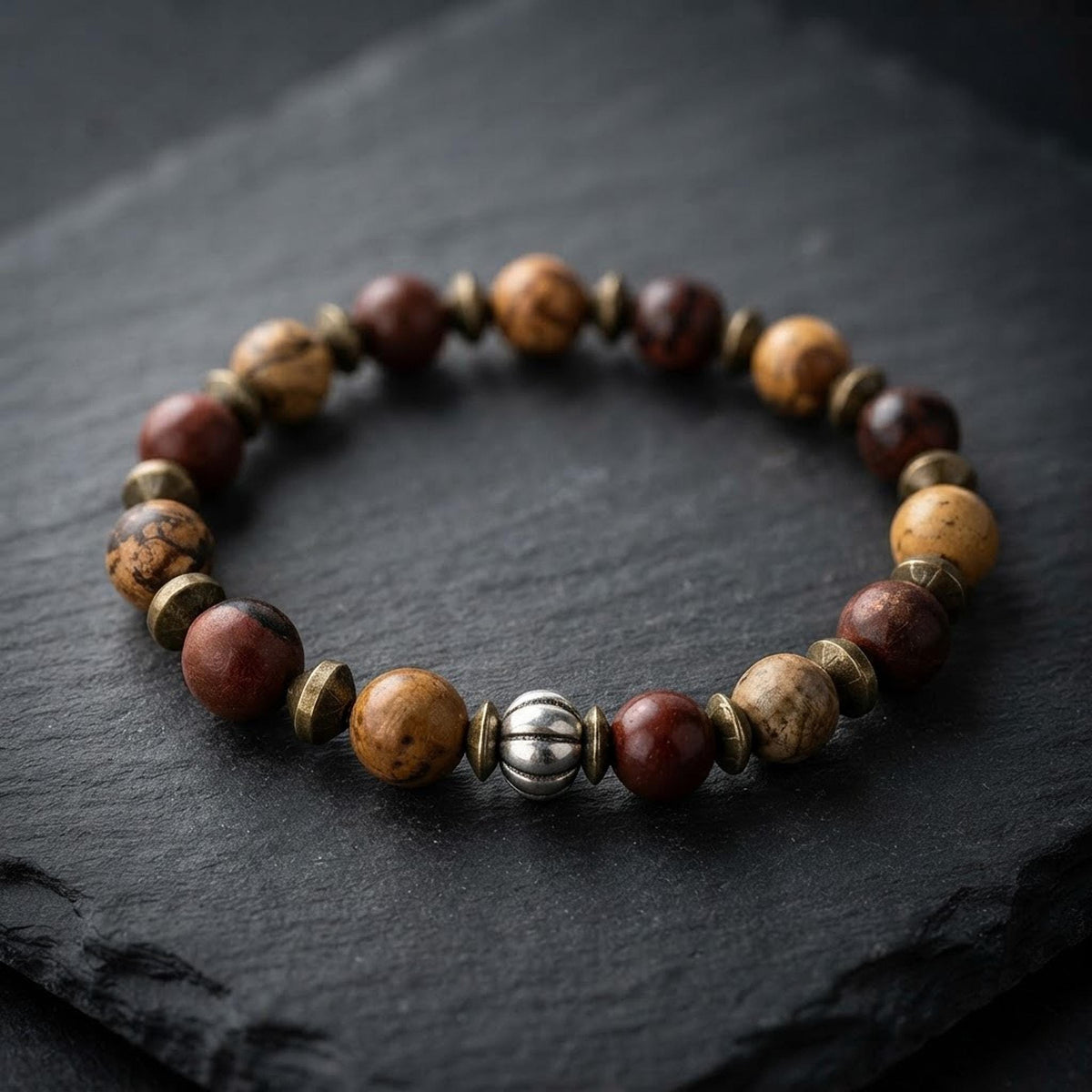 Bracelet homme en pierres naturelles de jaspe paysage & obsidienne acajou - "Terre de Feu" -