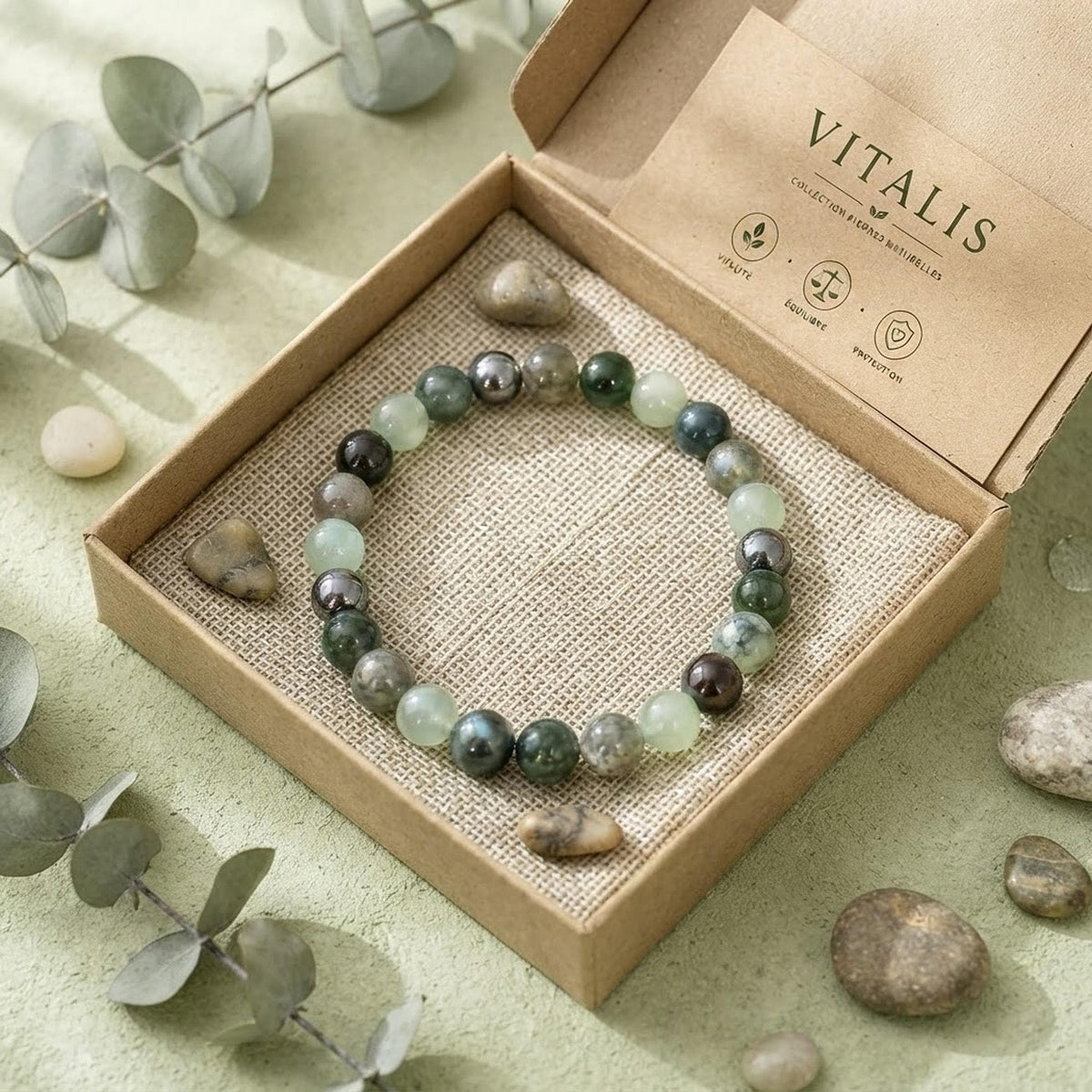 Bracelet Pierres Naturelles Homme Vert, Aventurine Labradorite Agate Mousse 17 cm
