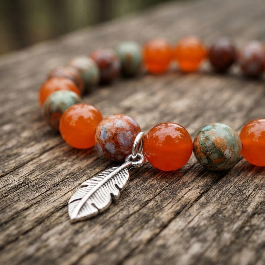 Bracelet homme en perles fantaisie dans les tons de orange - "Ecorce de Feu" -